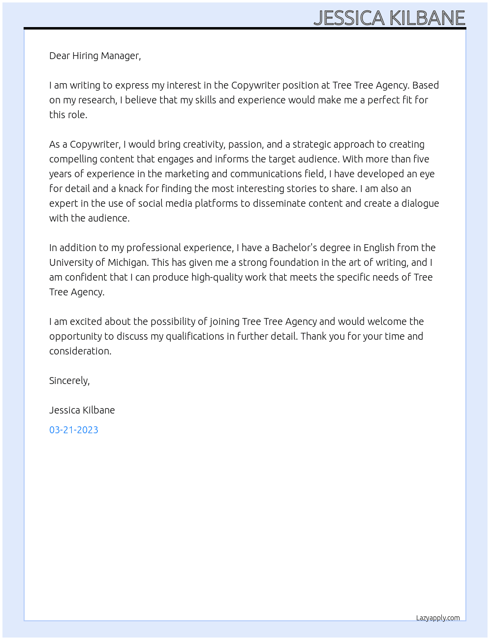 Copywriter At Tree Tree Agency Cover Letter
