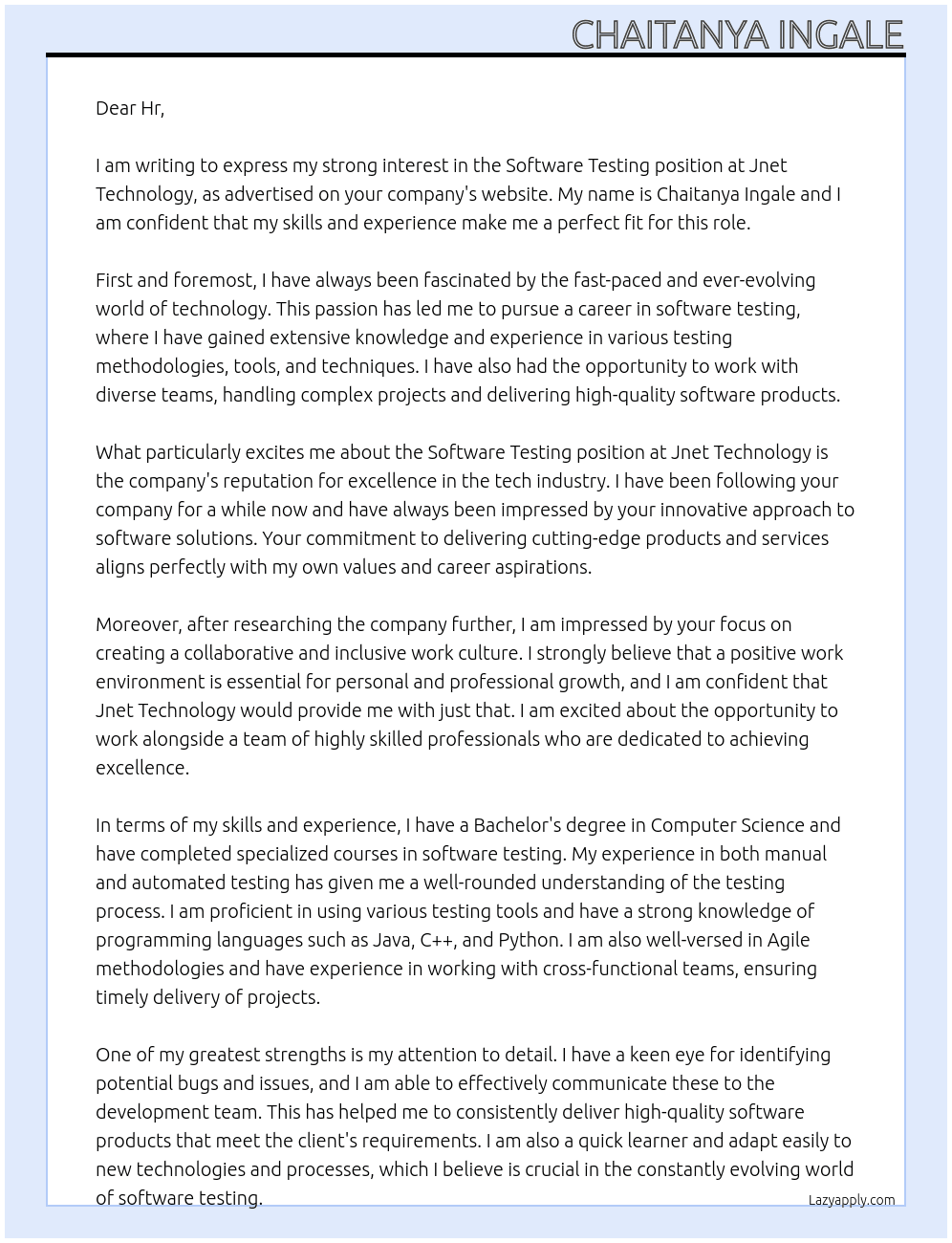 Software testing At Jnet technology Cover Letter