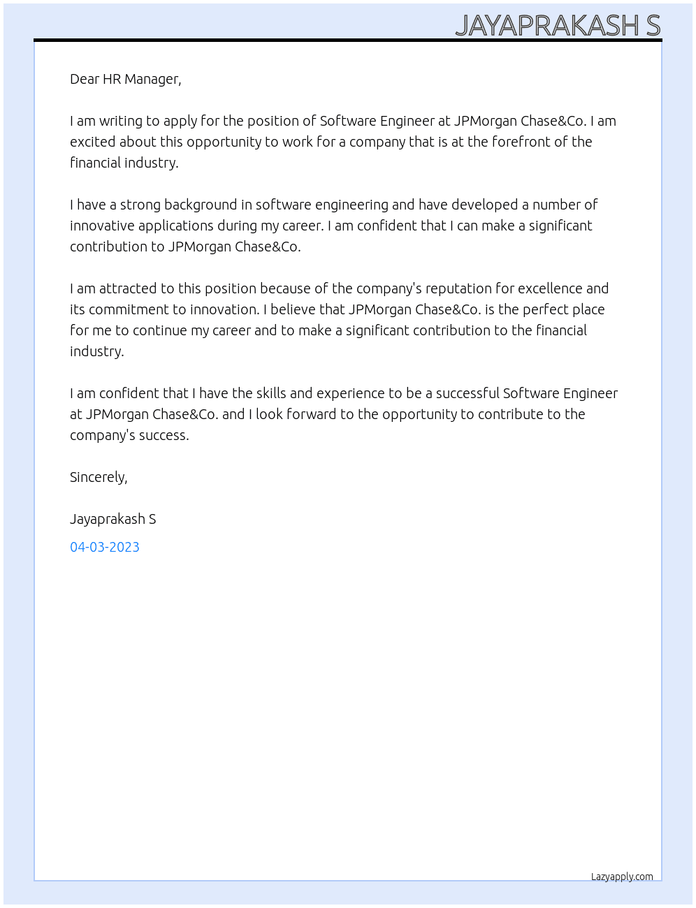 Software engineer At JPMorgan Chase&Co. Cover Letter