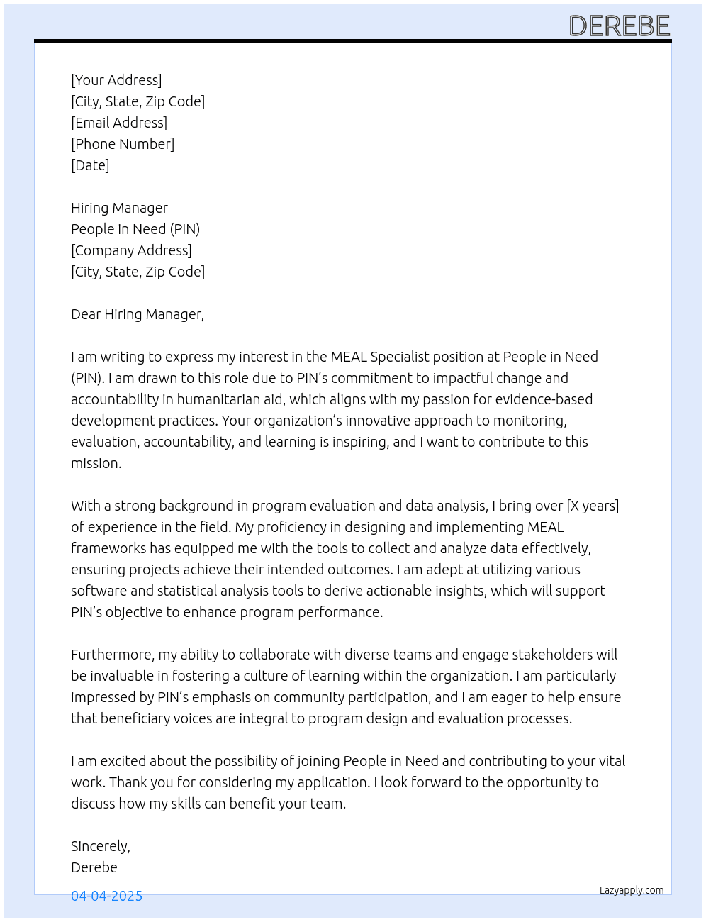MEAL specialist  At People in Need(PIN) Cover Letter