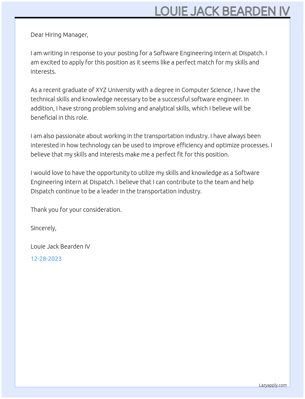 Software Engineering Intern At Dispatch Cover Letter