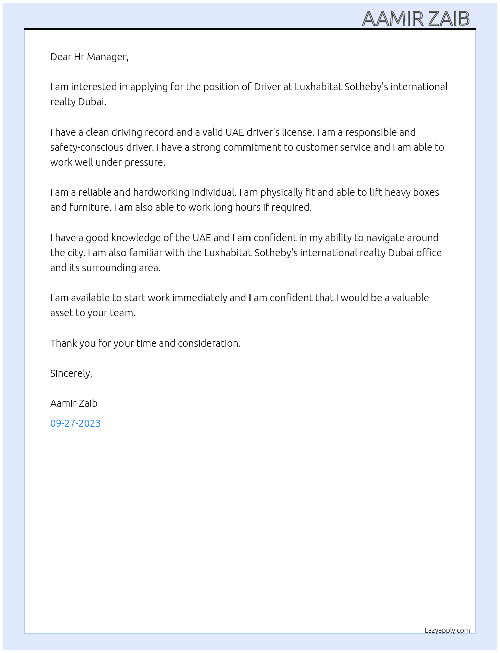 Driver At Luxhabitat Sotheby's international realty Dubai Cover Letter