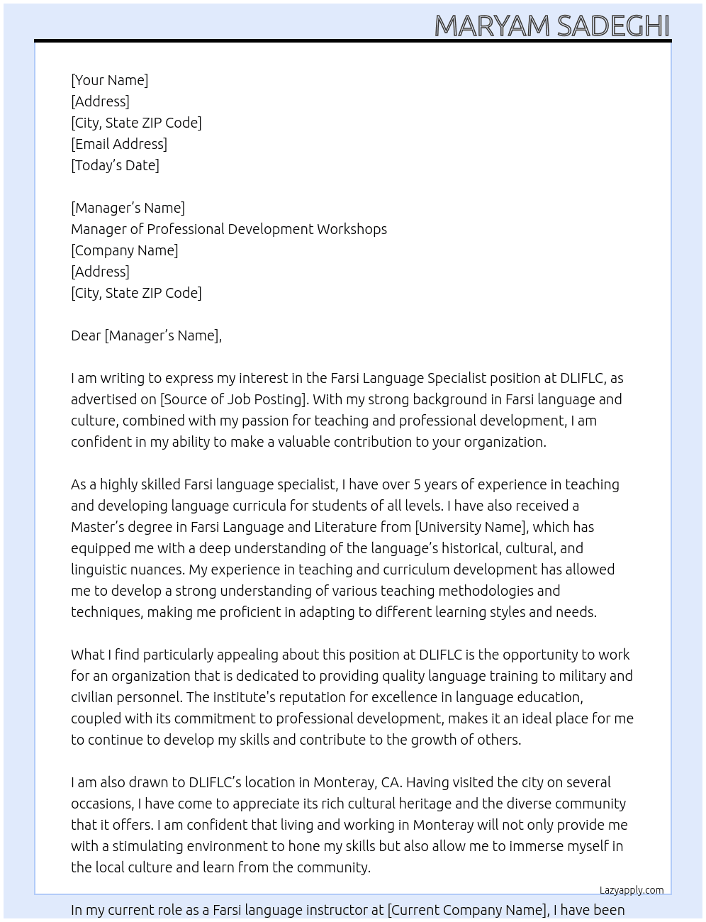 Farsi Language Specialist At DLIFLC Cover Letter