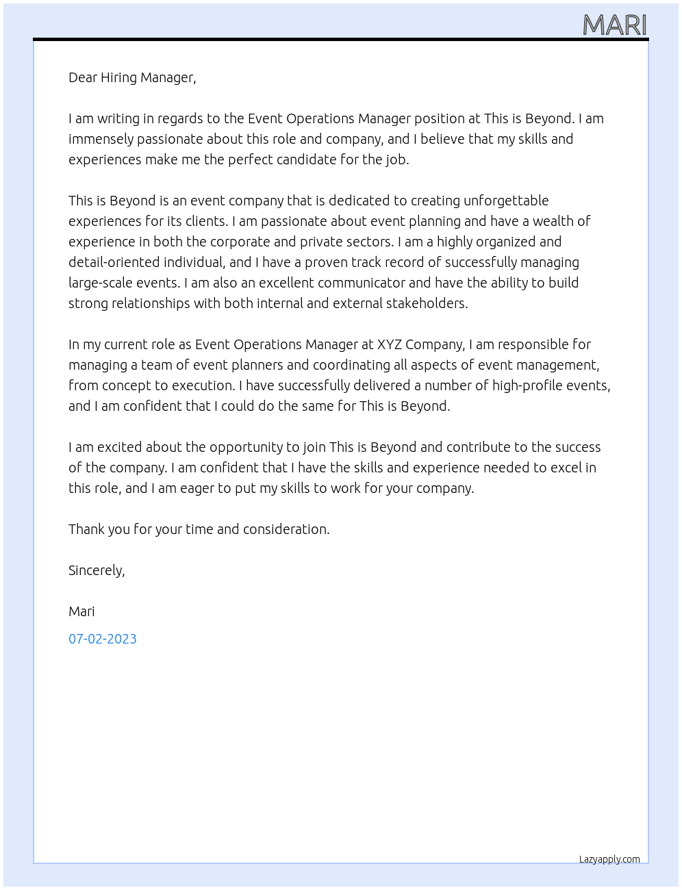 Event Operations Manager  At This is Beyond Cover Letter