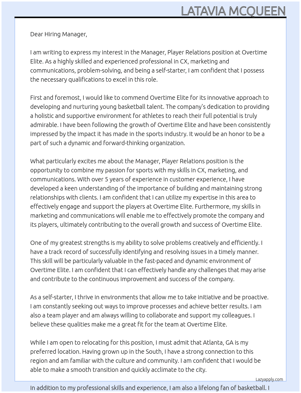 Manager, Player Relations At Overtime Elite Cover Letter