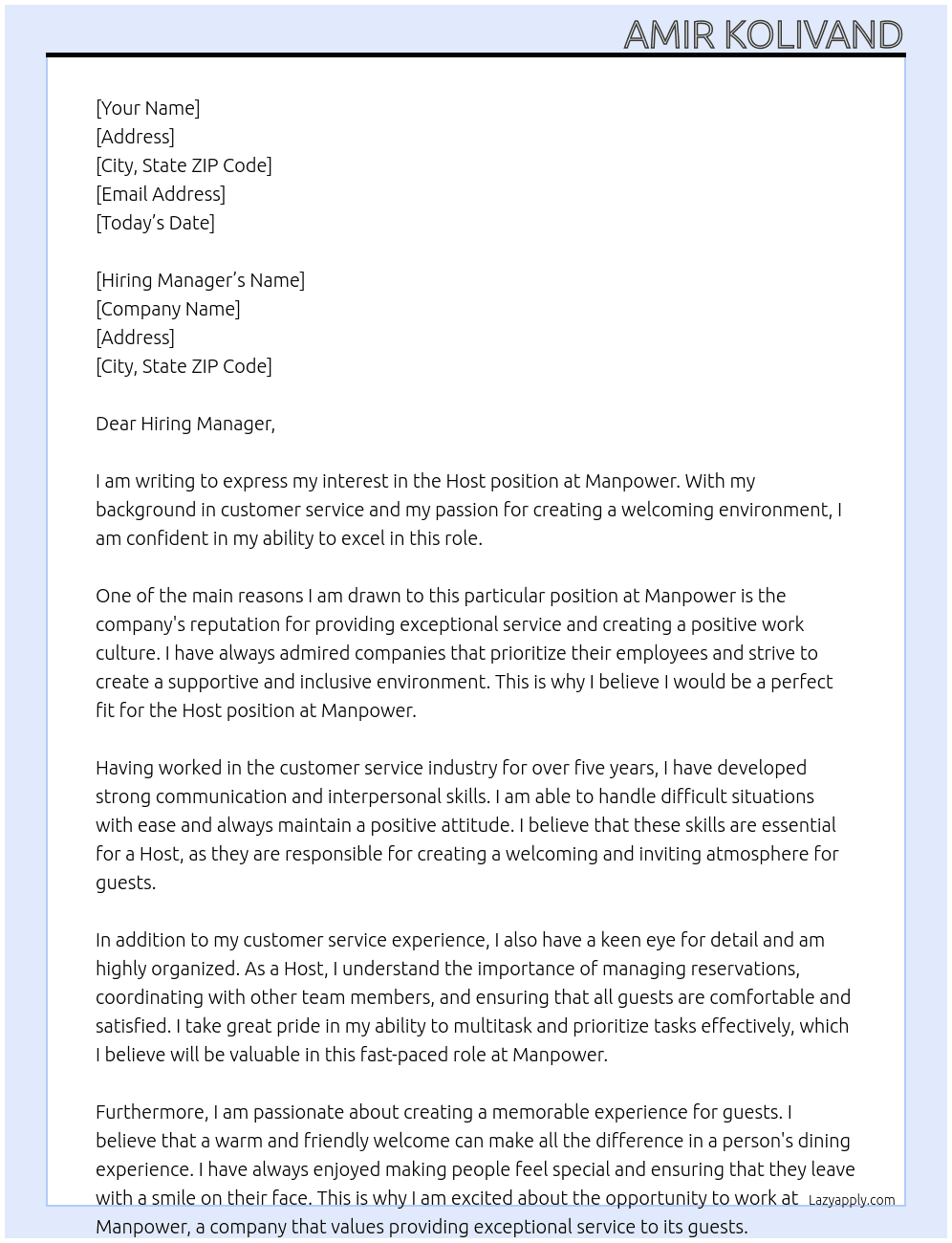Host At manpower Cover Letter
