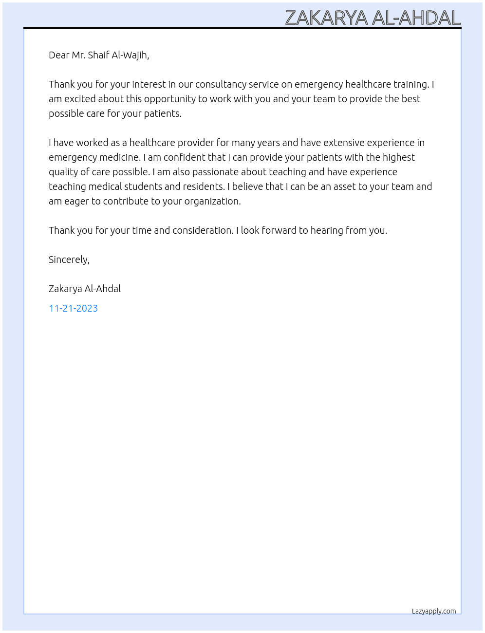 Consultancy Service on Emergency Healthcare Trainer At Medical Organization Cover Letter