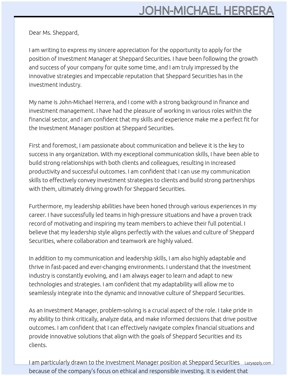 Investment Manager At Sheppard Securities  Cover Letter