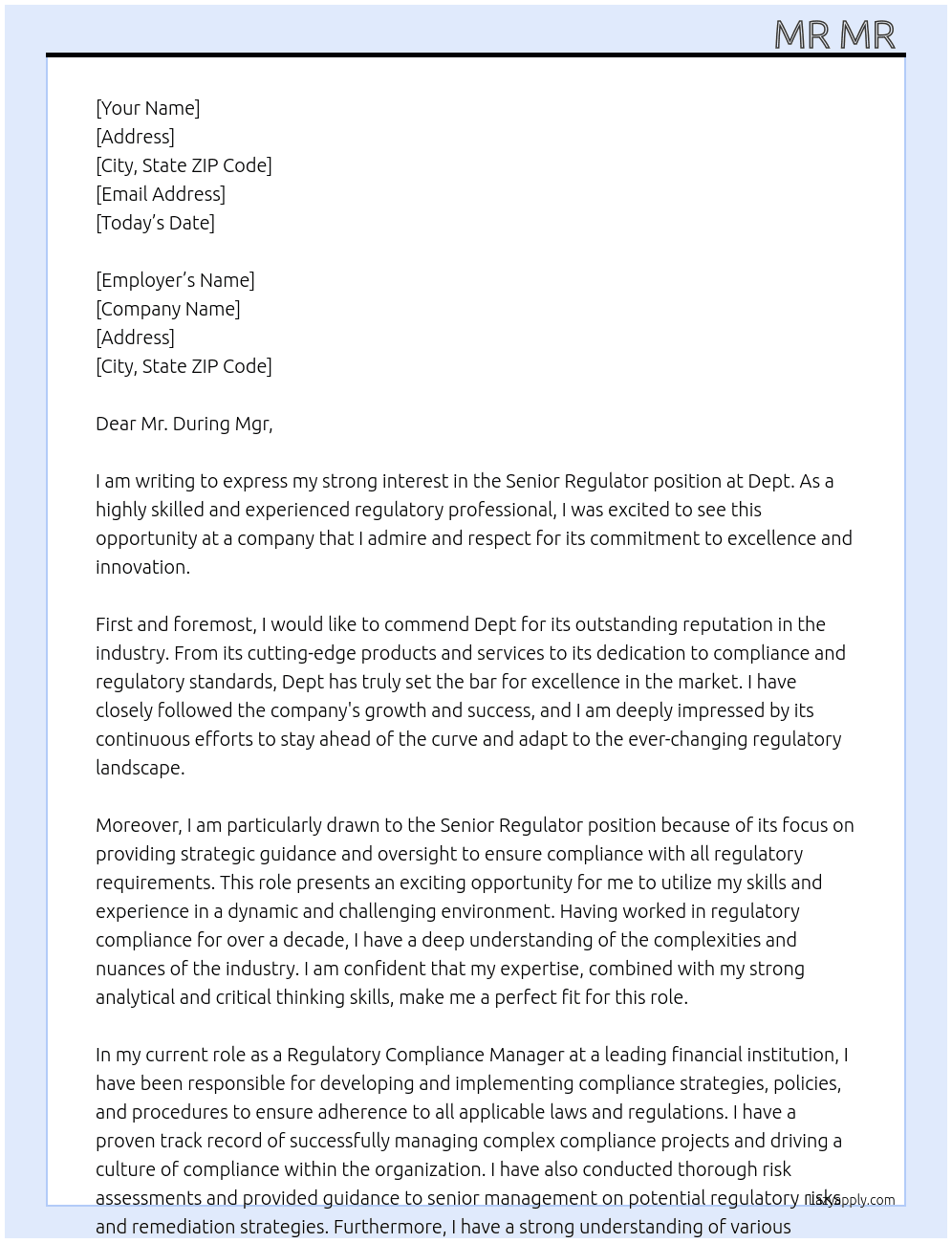 Senior regulator  At Dept Cover Letter