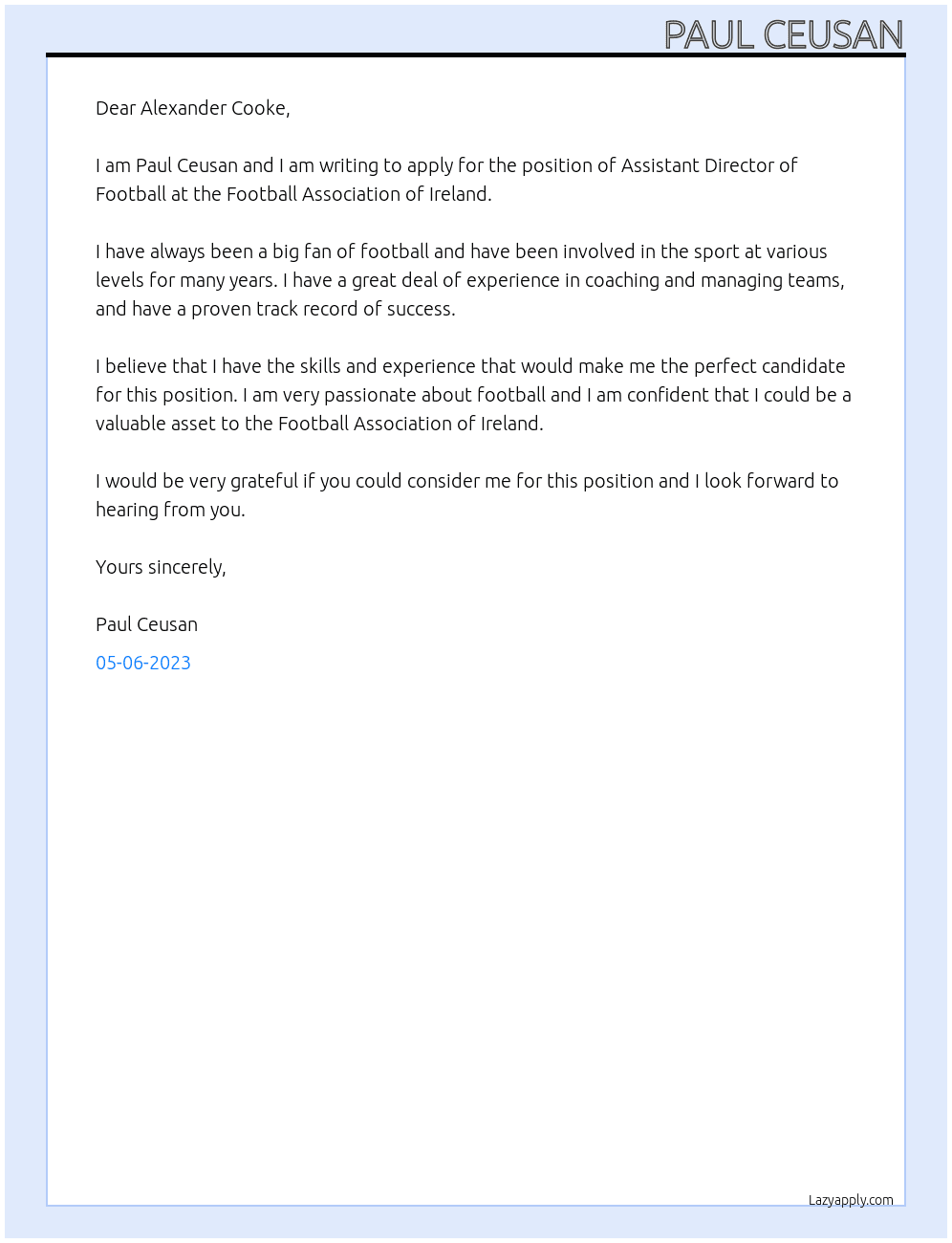 Assistant Director of Football At Football Association of Ireland  Cover Letter