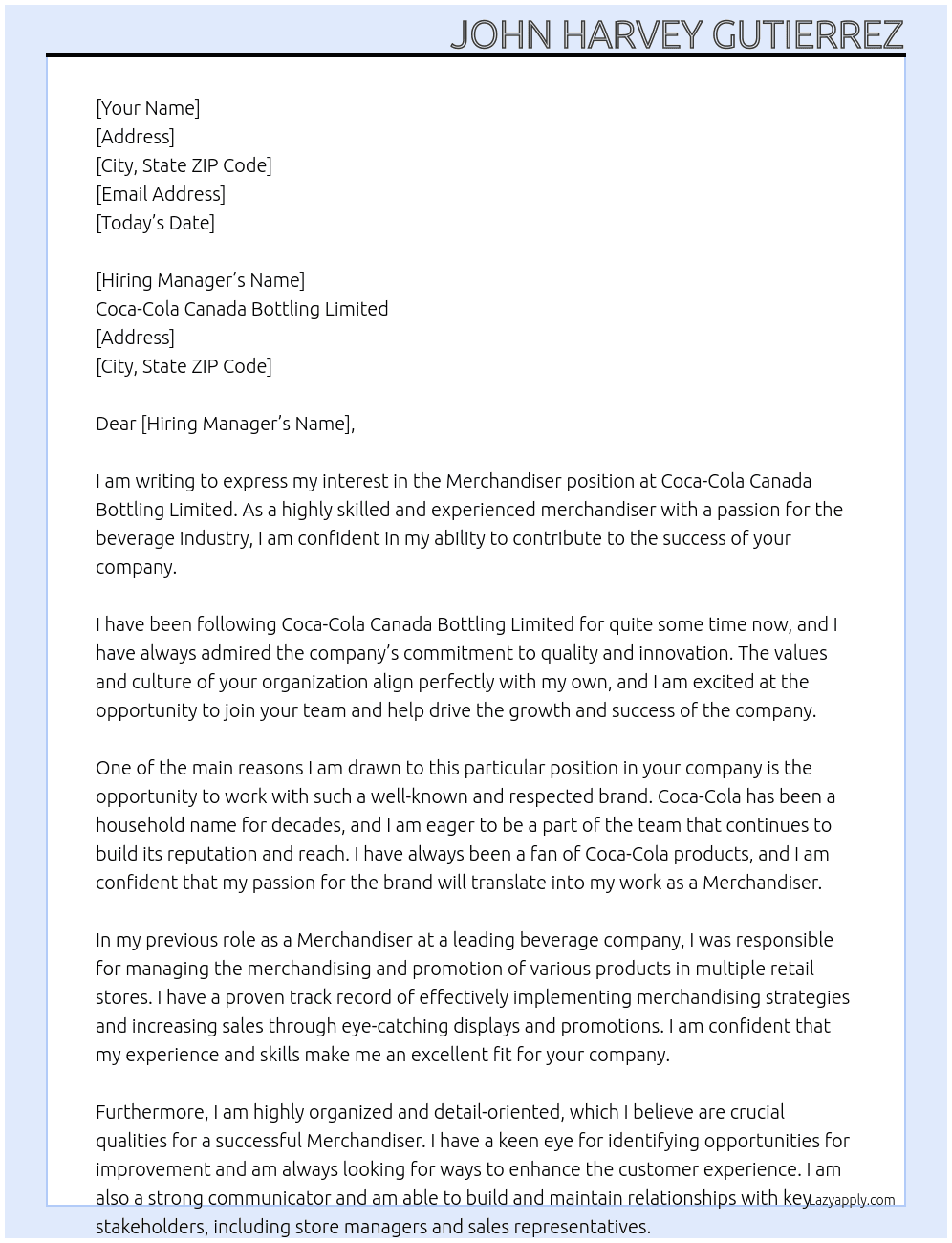 Merchandiser At Coca-Cola Canada Bottling Limited Cover Letter