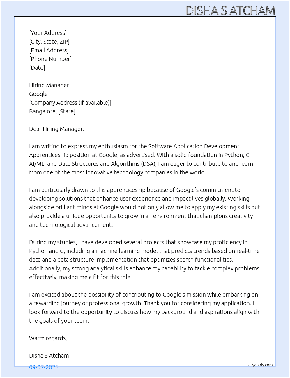 Cover letter for software application development apprenticeship - LazyApply