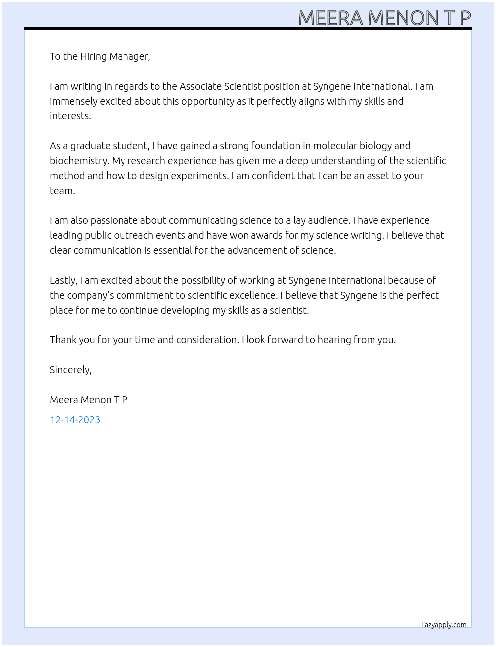Associate scientist At syngene international Cover Letter