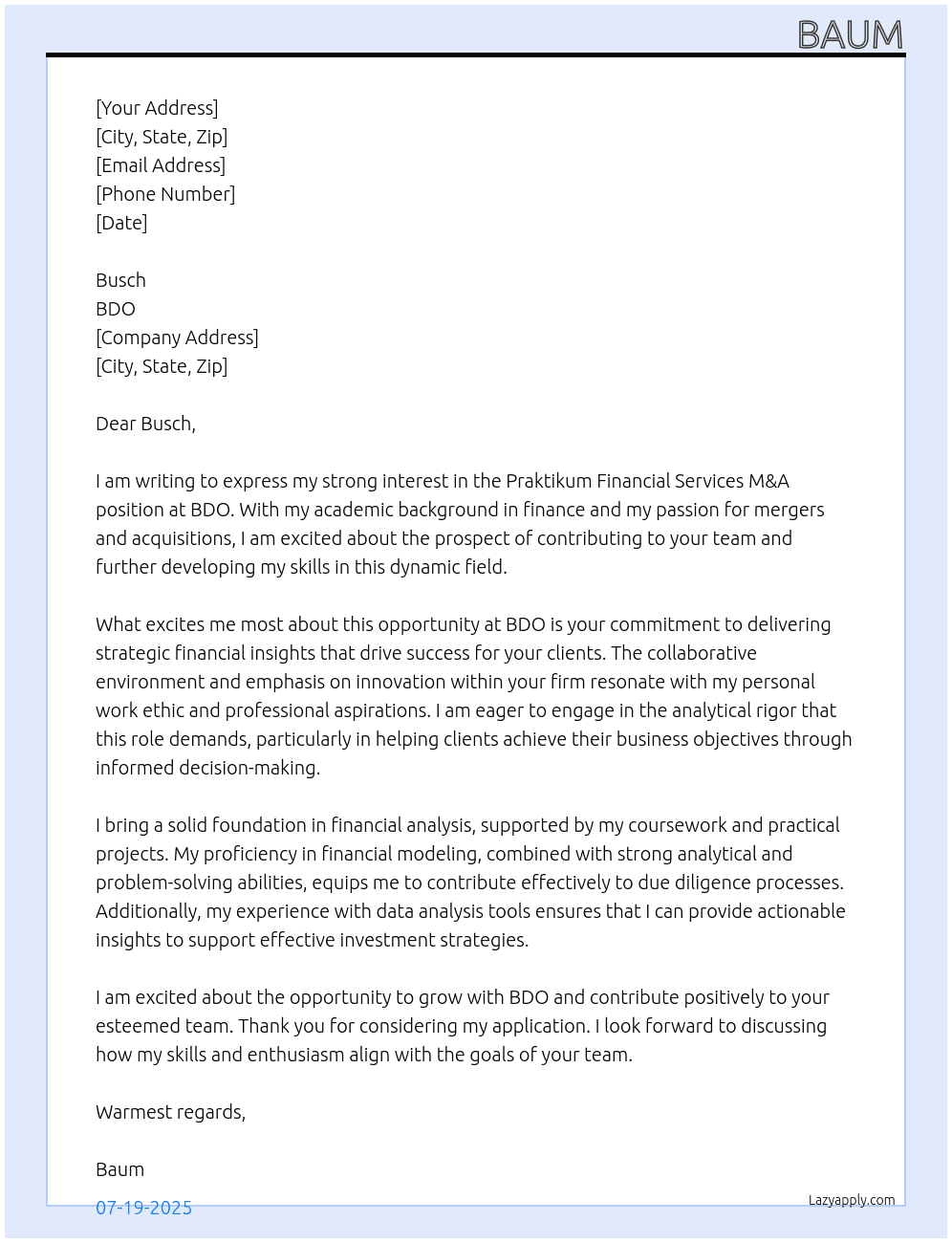 praktikum financial services m&a At bdo Cover Letter