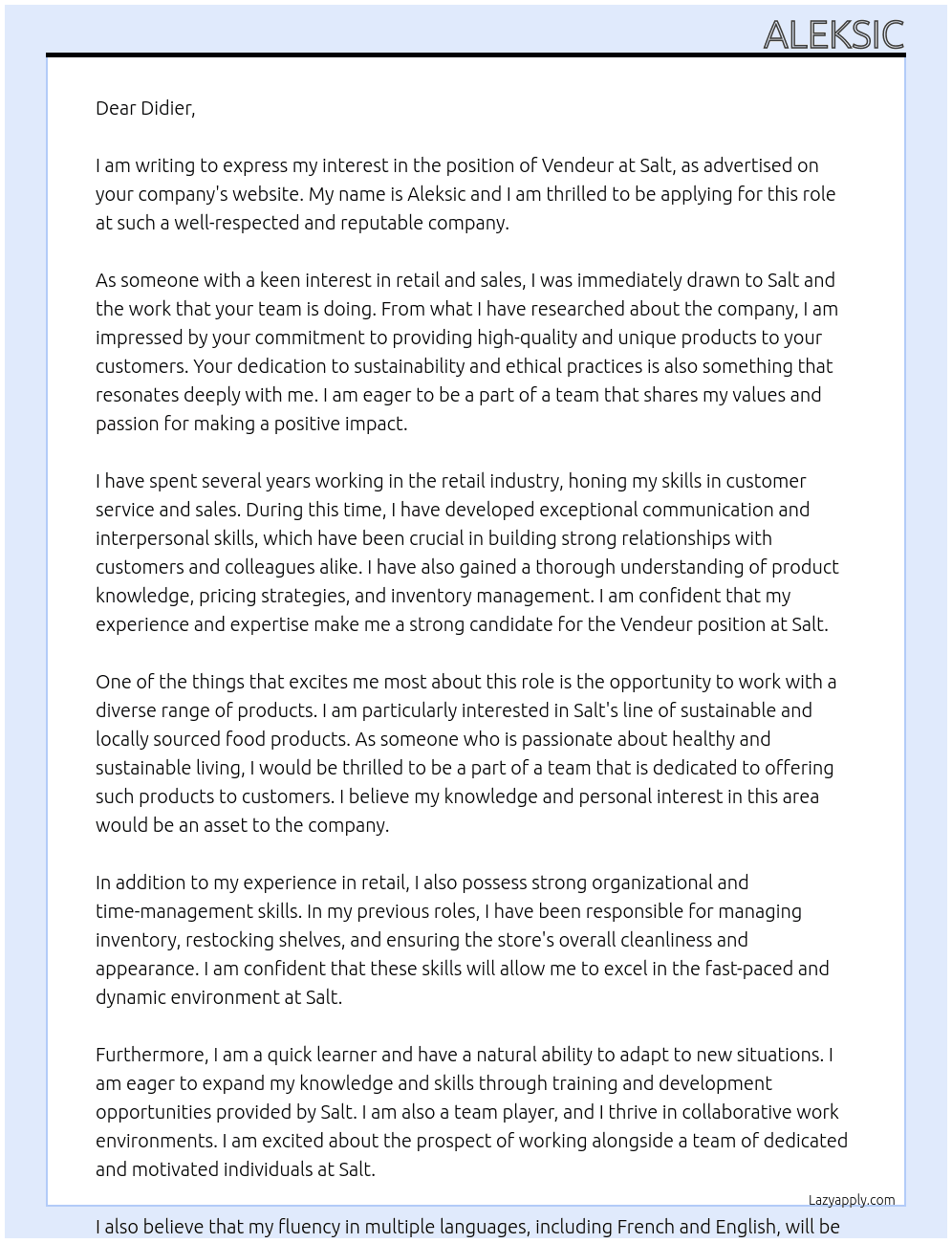 vendeur At salt Cover Letter