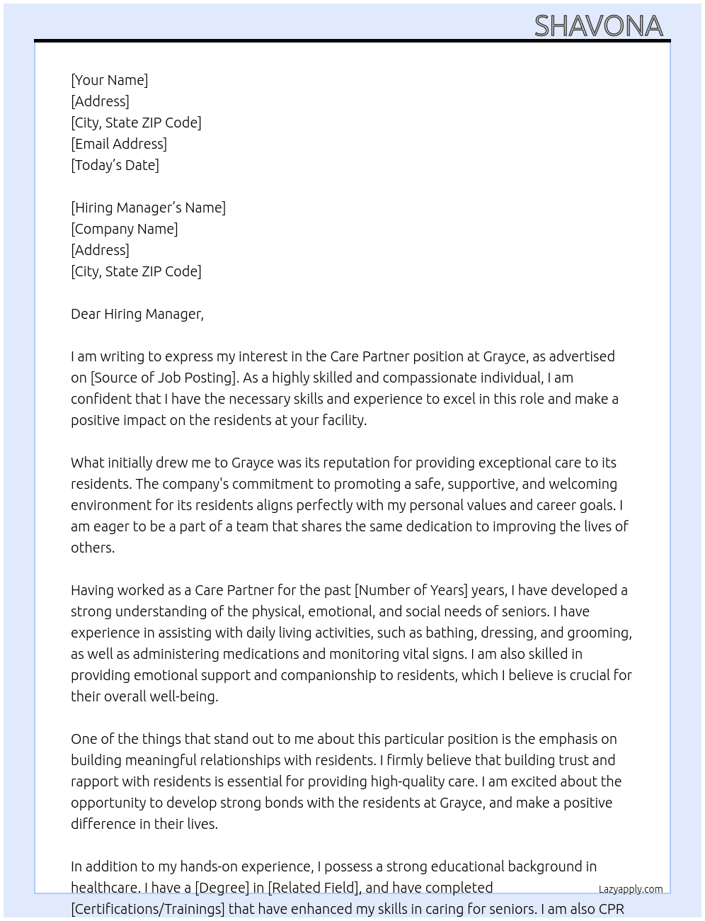 Care Partner  At Grayce Cover Letter