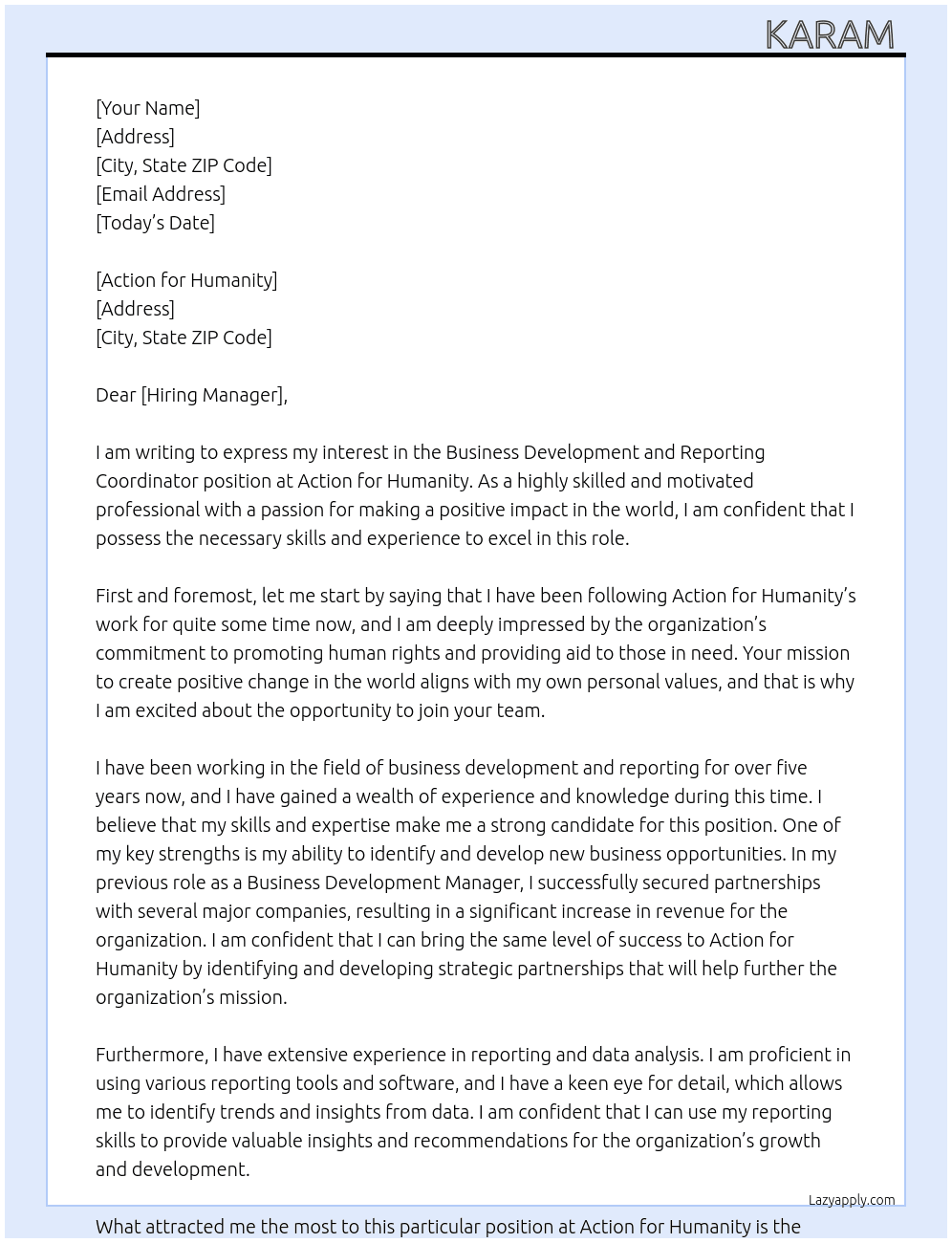 Business Development and Reporting Coordinator At Action for Humanity Cover Letter