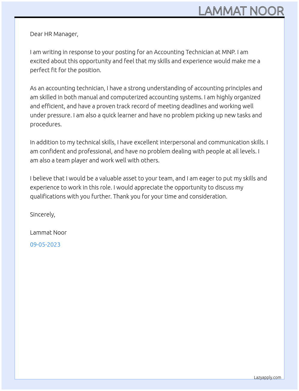 Accounting Technician At MNP Cover Letter