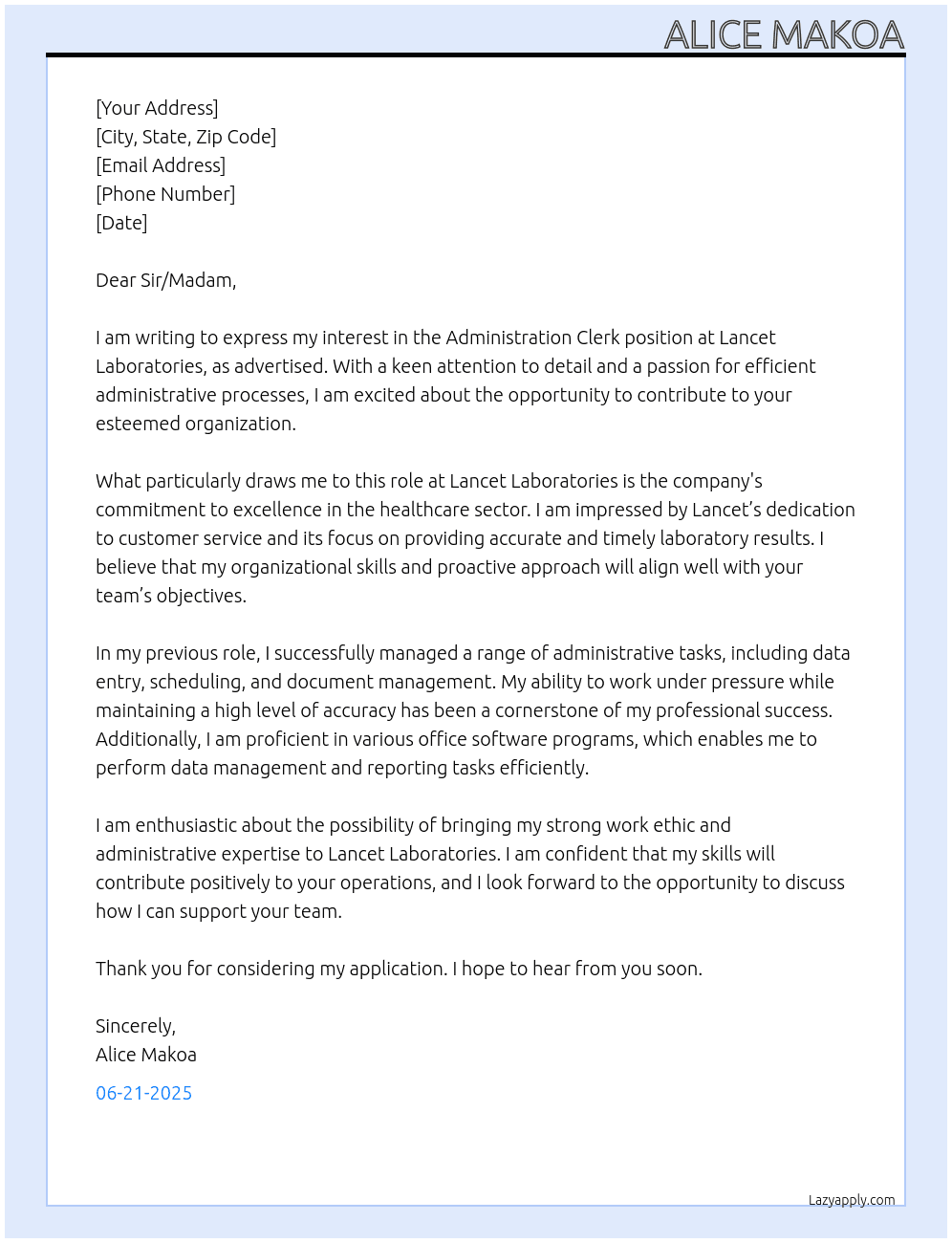 Administration clerk  At Lancet laboratories  Cover Letter