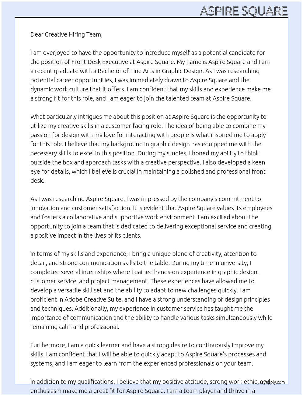 front desk excutive At aspire square Cover Letter