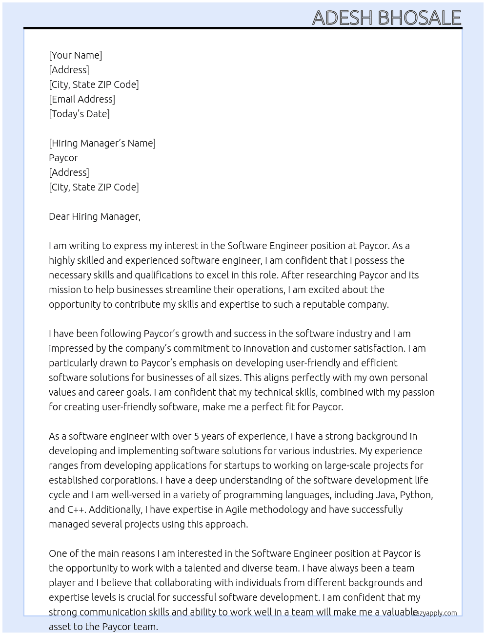 Software Engineer At Paycor Cover Letter