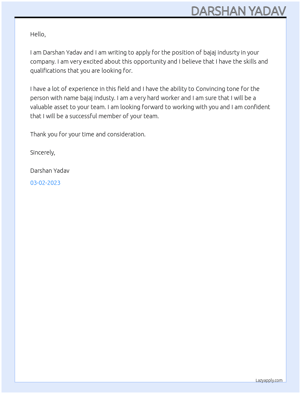 bajaj indusrty  At bajaj Cover Letter