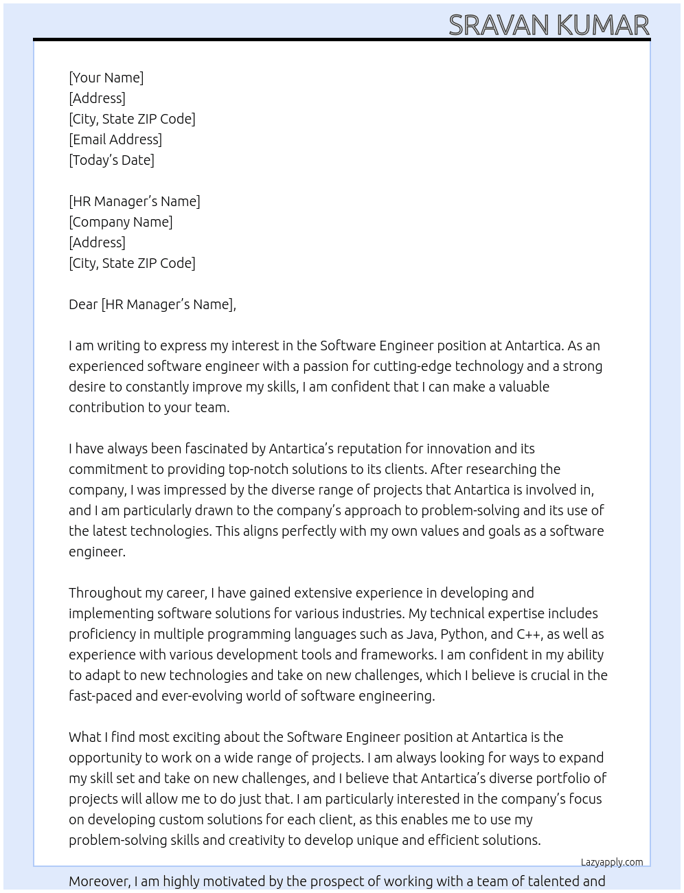 Software engineer  At Antartica  Cover Letter
