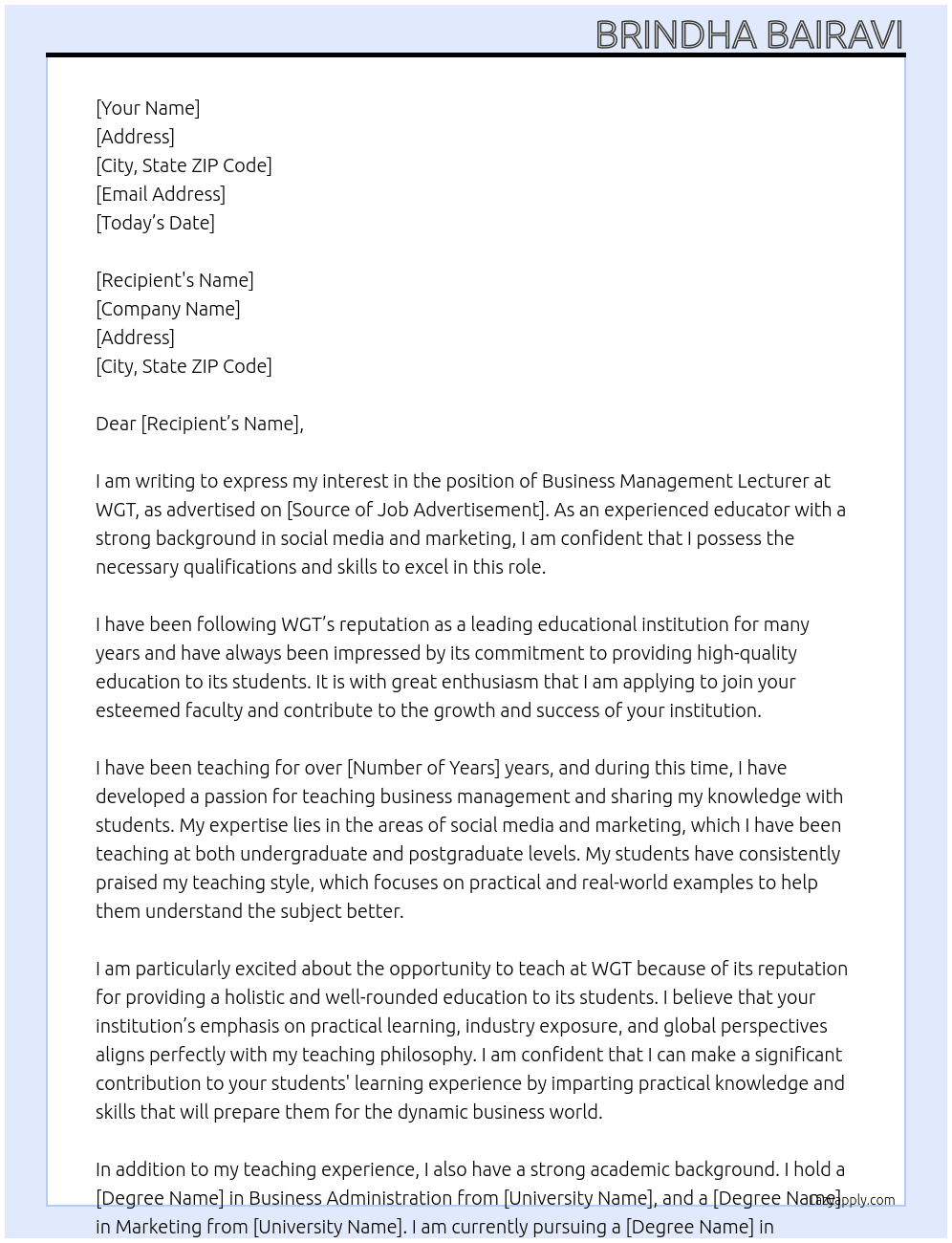 Business Management Lecturer (Experience in teaching Social Media/Marketing) At WGT Cover Letter