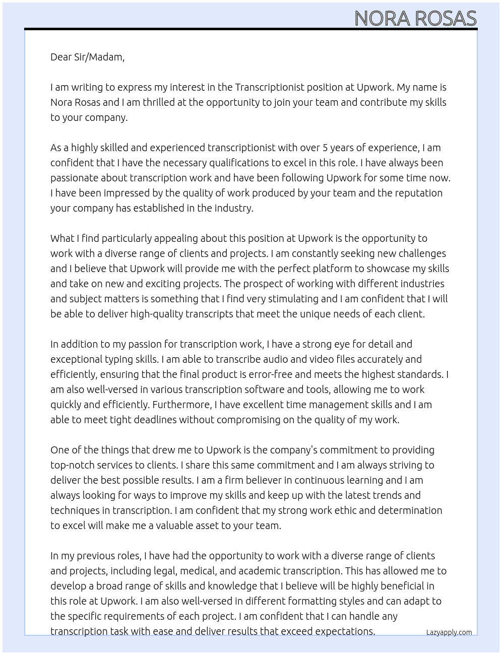 Transcriptionist At Upwork Cover Letter