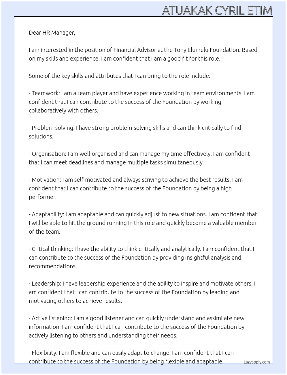 Financial Advisor At Tony Elumelu Foundation Cover Letter