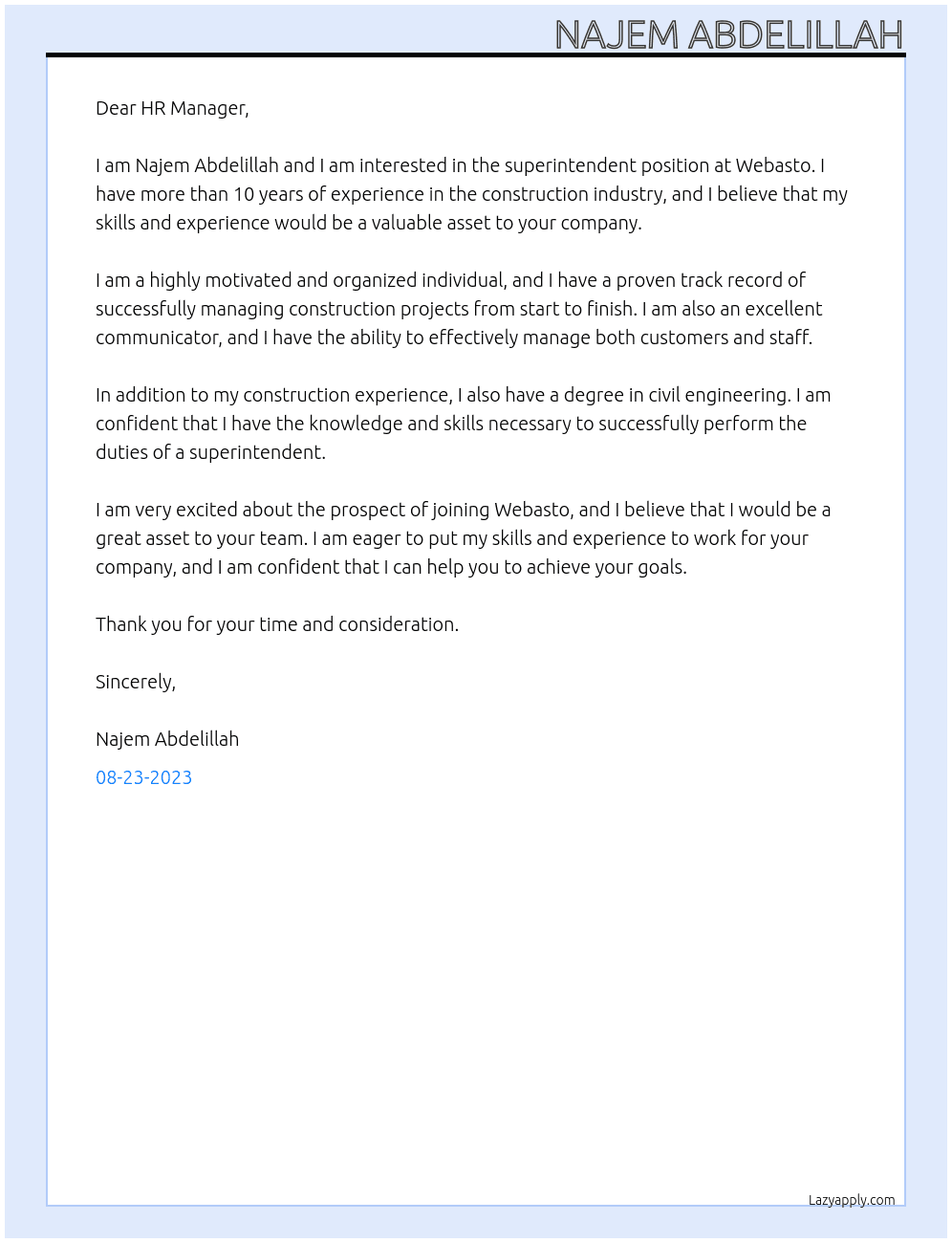 Superintendent At Webasto Cover Letter