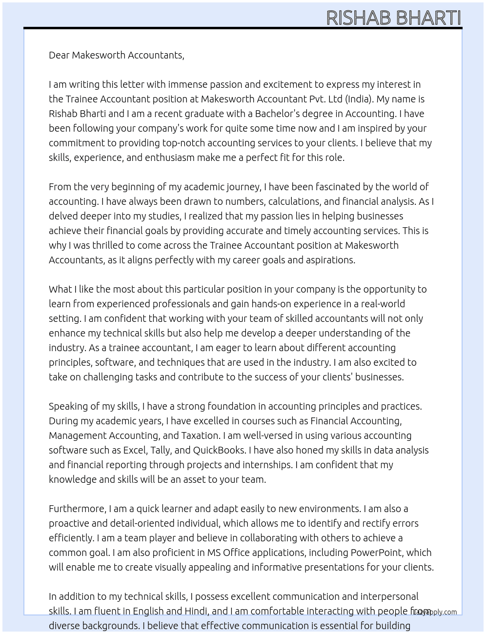 Trainee Accountant At Makesworth Accountant Pvt. Ltd (india) Cover Letter
