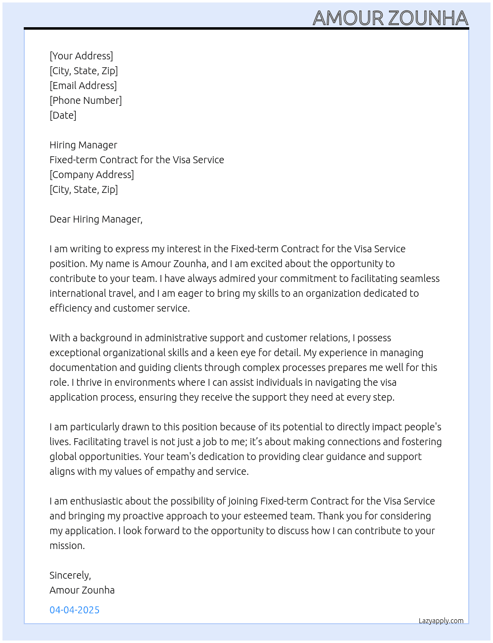 Fixed-term contract for the visa service At Fixed-term contract for the visa service Cover Letter
