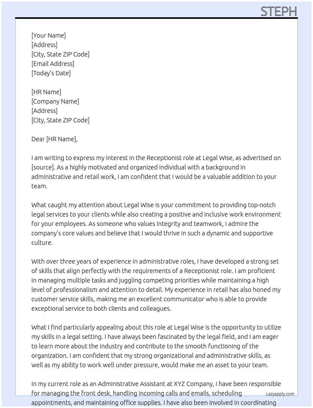 Receptionist  At Legal wise Cover Letter