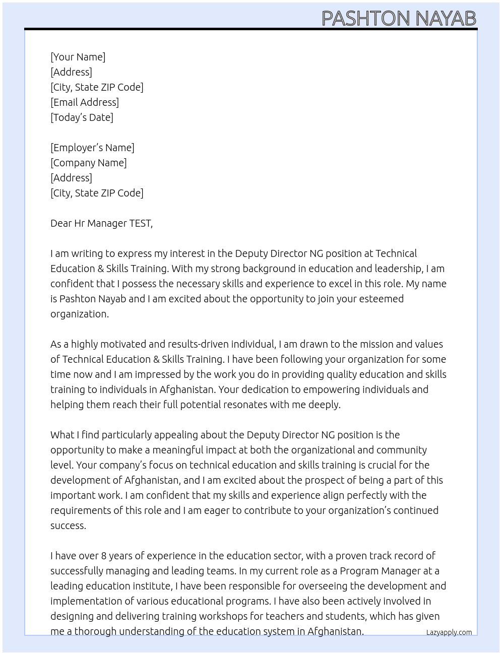 Deputy Director NG At Technical Education & Skills Training  Cover Letter