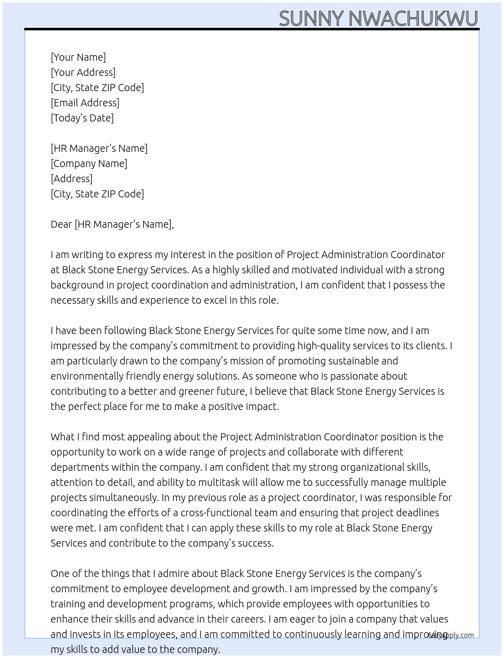 Project Administration Coordinator At Black Stone Energy Services Cover Letter