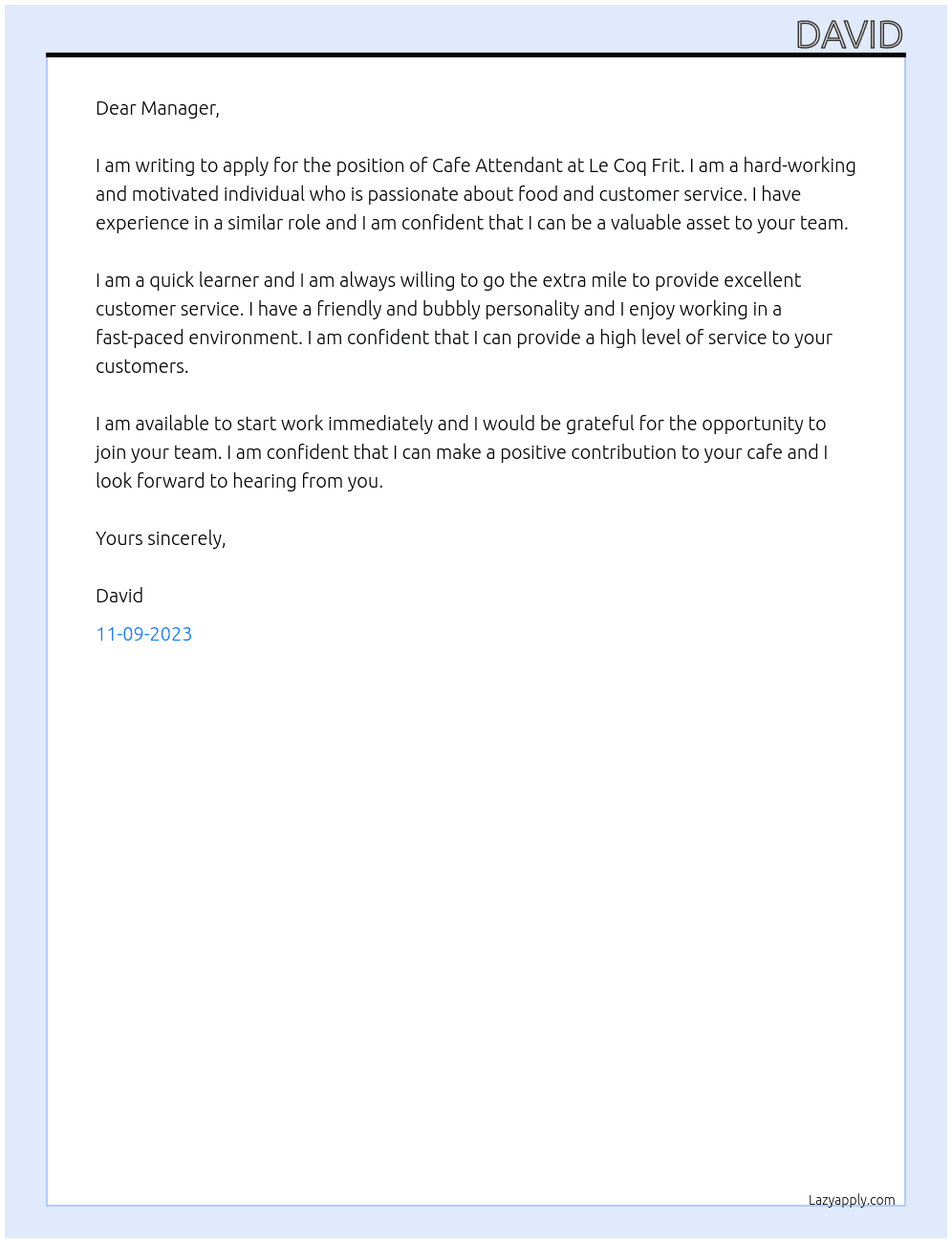 Cafe Attendant At Le Coq Frit  Cover Letter