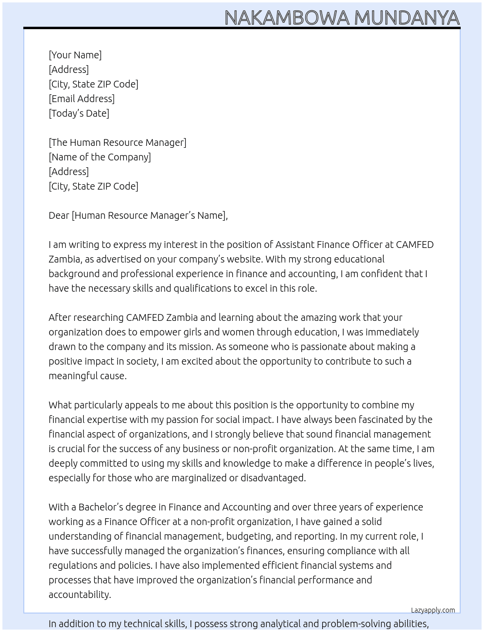 ASSISTANT FINANCE OFFICER At CAMFED ZAMBIA Cover Letter