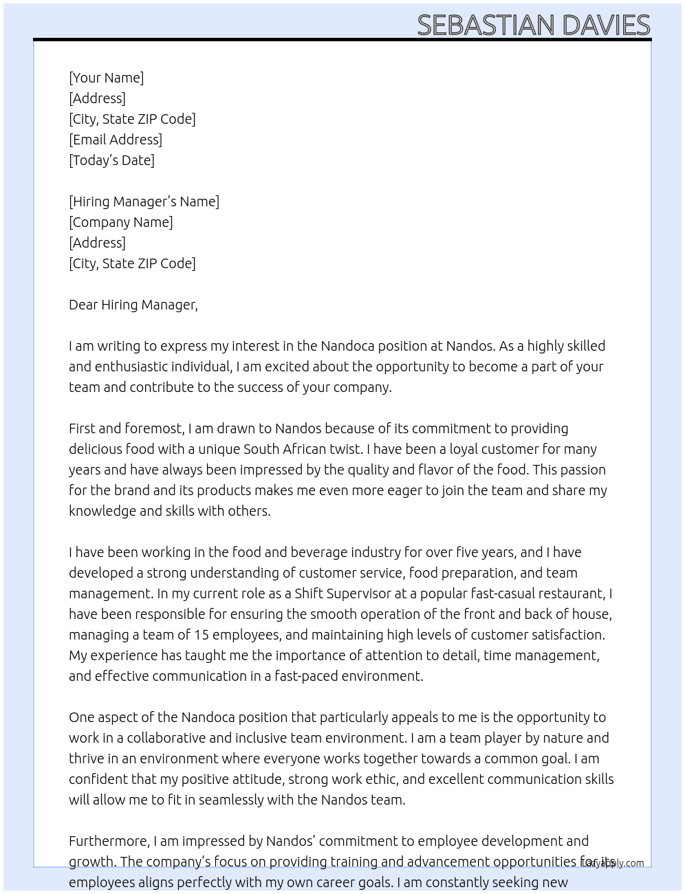 Nandoca At Nandos Cover Letter