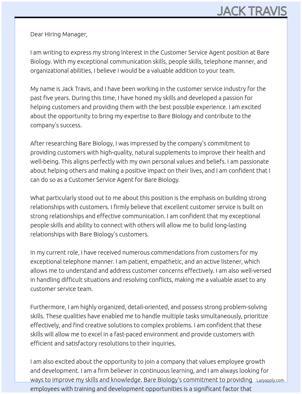 Customer Service agent  At Bare Biology  Cover Letter