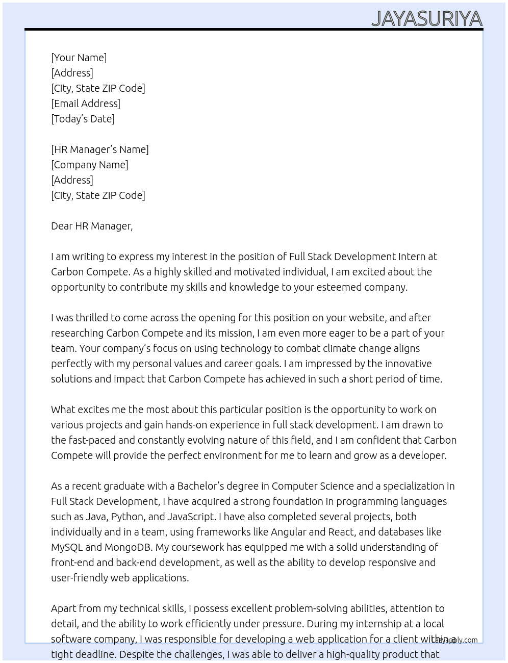 Full stack development inten At Carbon compete  Cover Letter