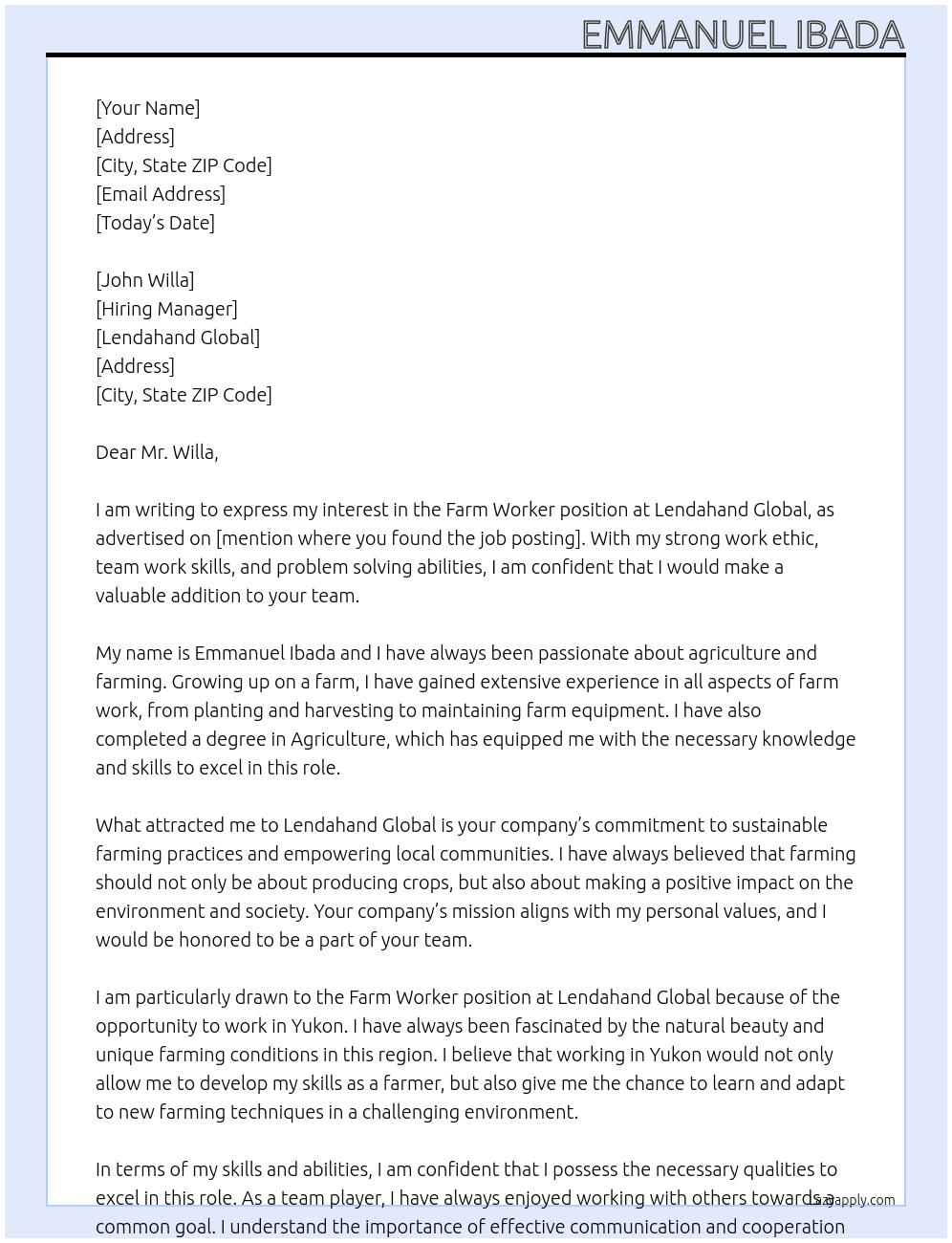 Farm Worker At Lendahand Global Cover Letter