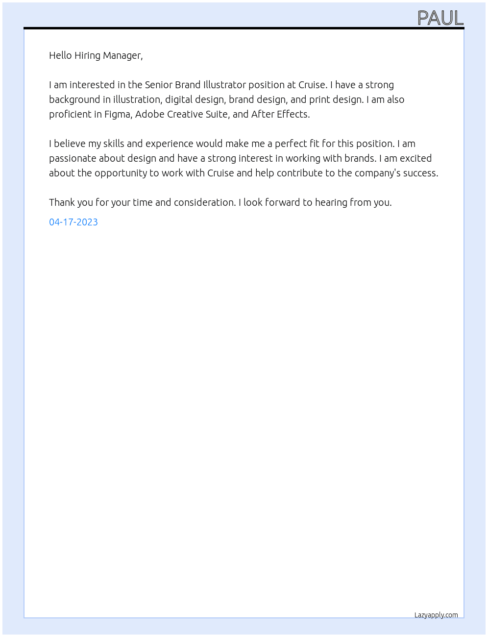 Senior brand illustrator At Cruise Cover Letter