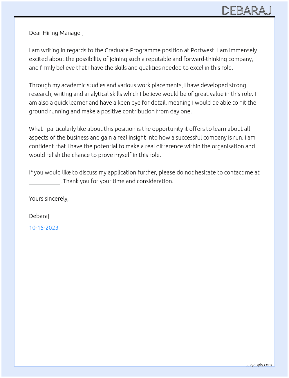 Graduate Programme At Portwest Cover Letter