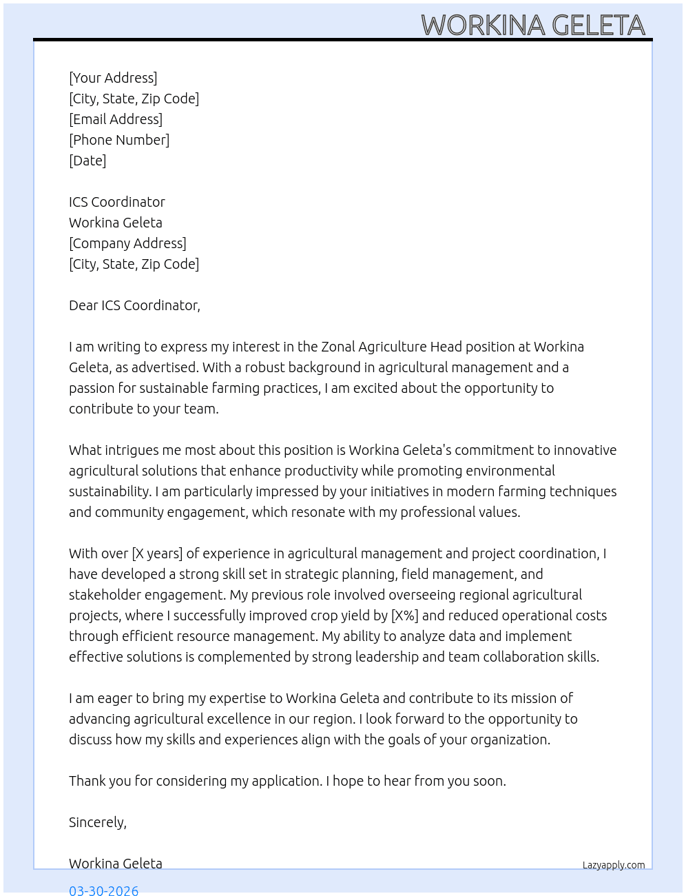 Zonal Agriculture head At Workina Geleta  Cover Letter