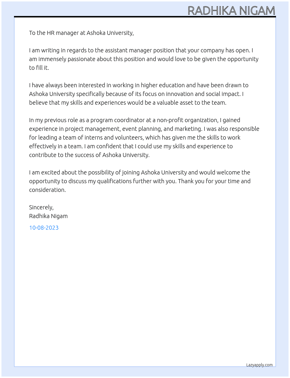 assistant manager  At Ashoka University Cover Letter
