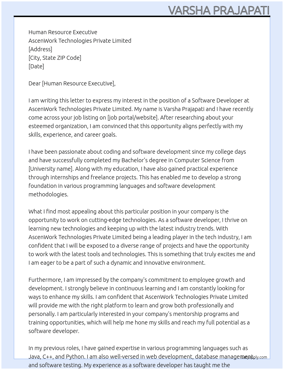software developer At AscenWork Technologies Private Limited Cover Letter