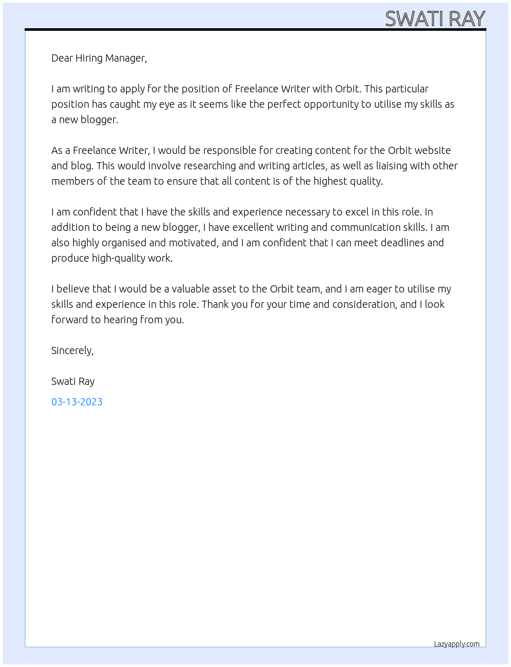 Freelance Writer At Orbit Cover Letter