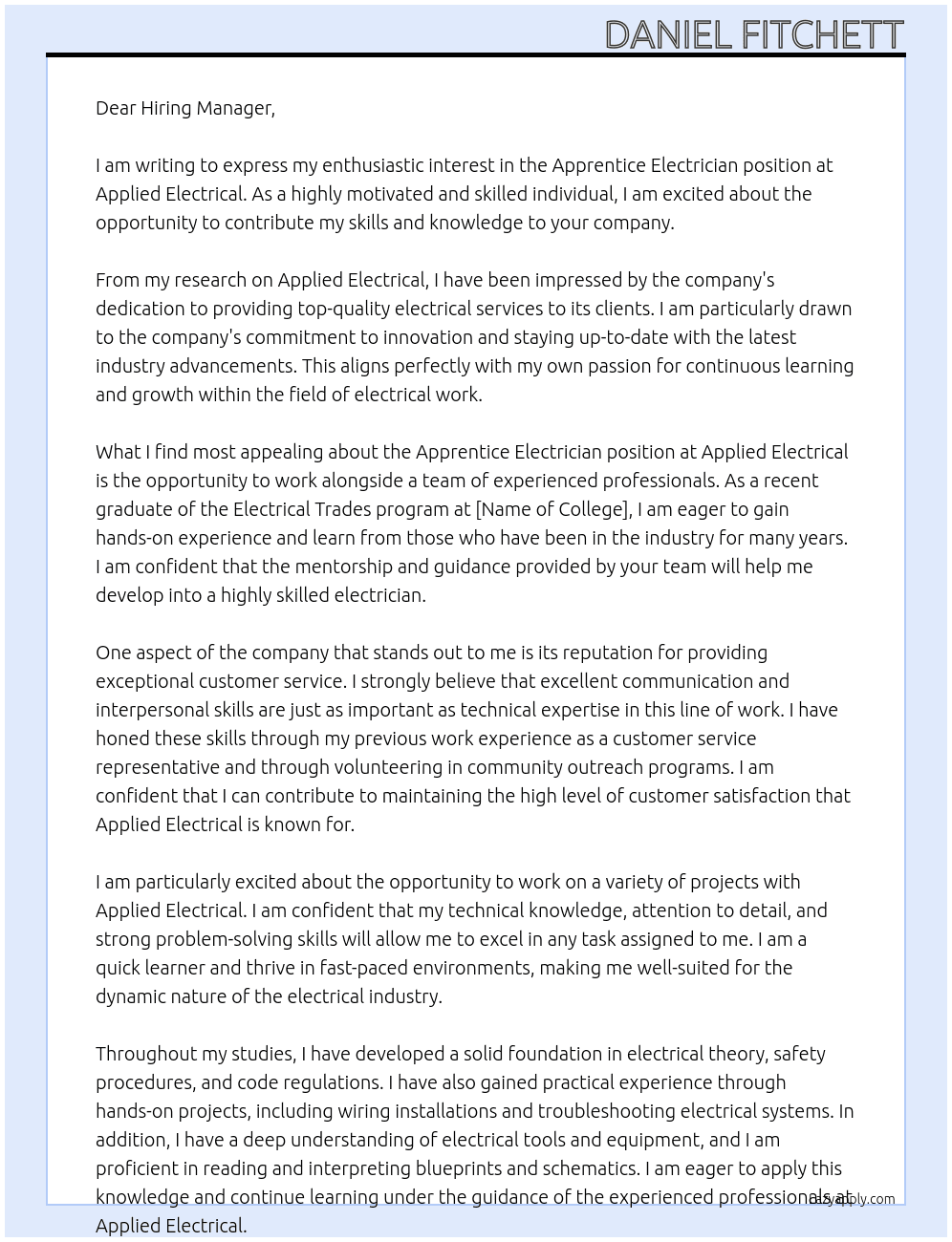 Apprentice Electrician At Applied Electrical Cover Letter