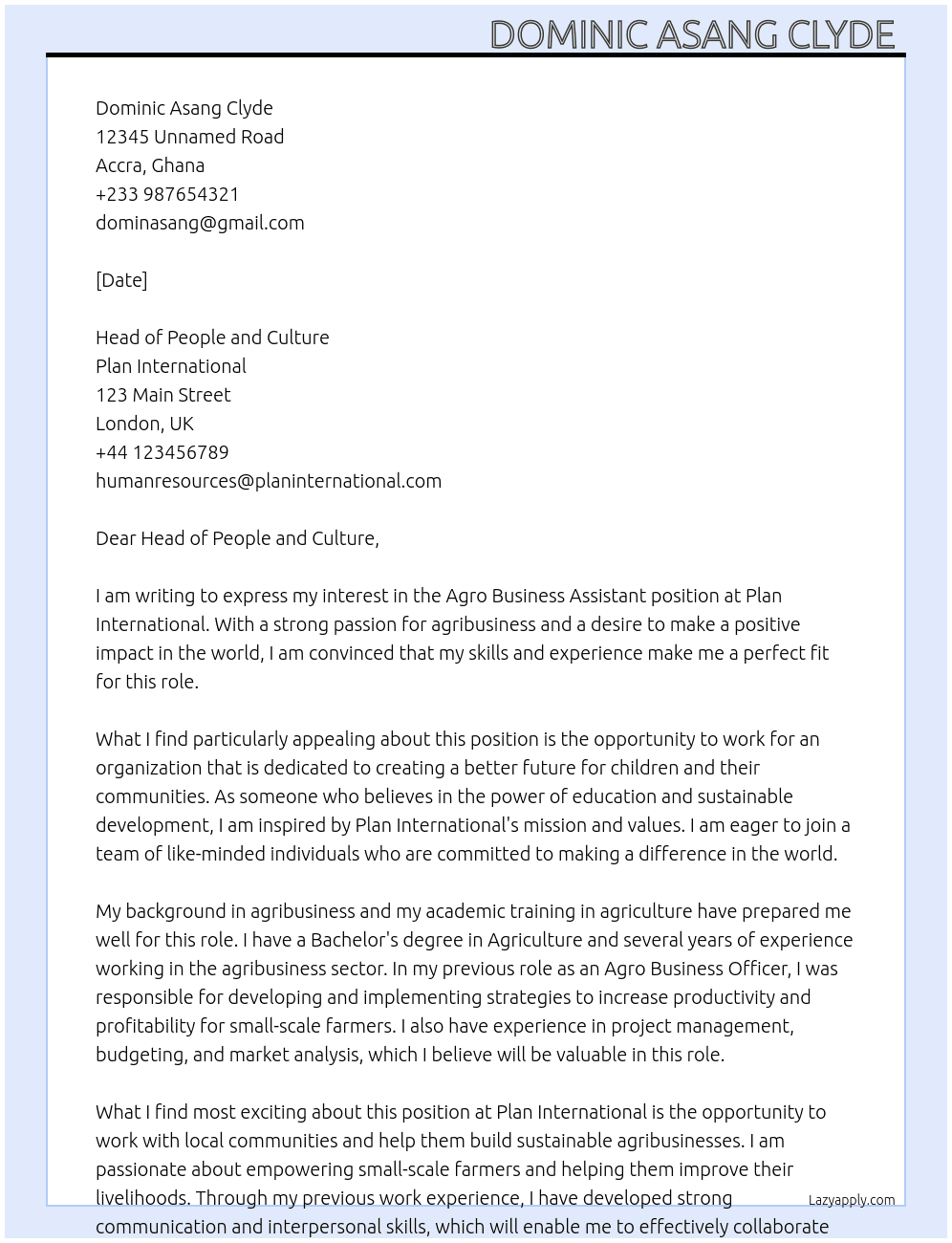 Cover letter for agro business assistant - LazyApply